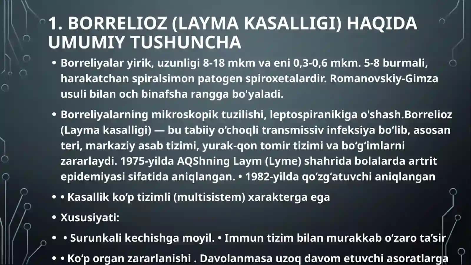 Borrelioz(Layma–kasalligi). Leptospiralar morfologiyasi, strukturasi,tarqalganligi, keltirib chiqaruvchi kasalliklari va laboratoriya tashhisi 3