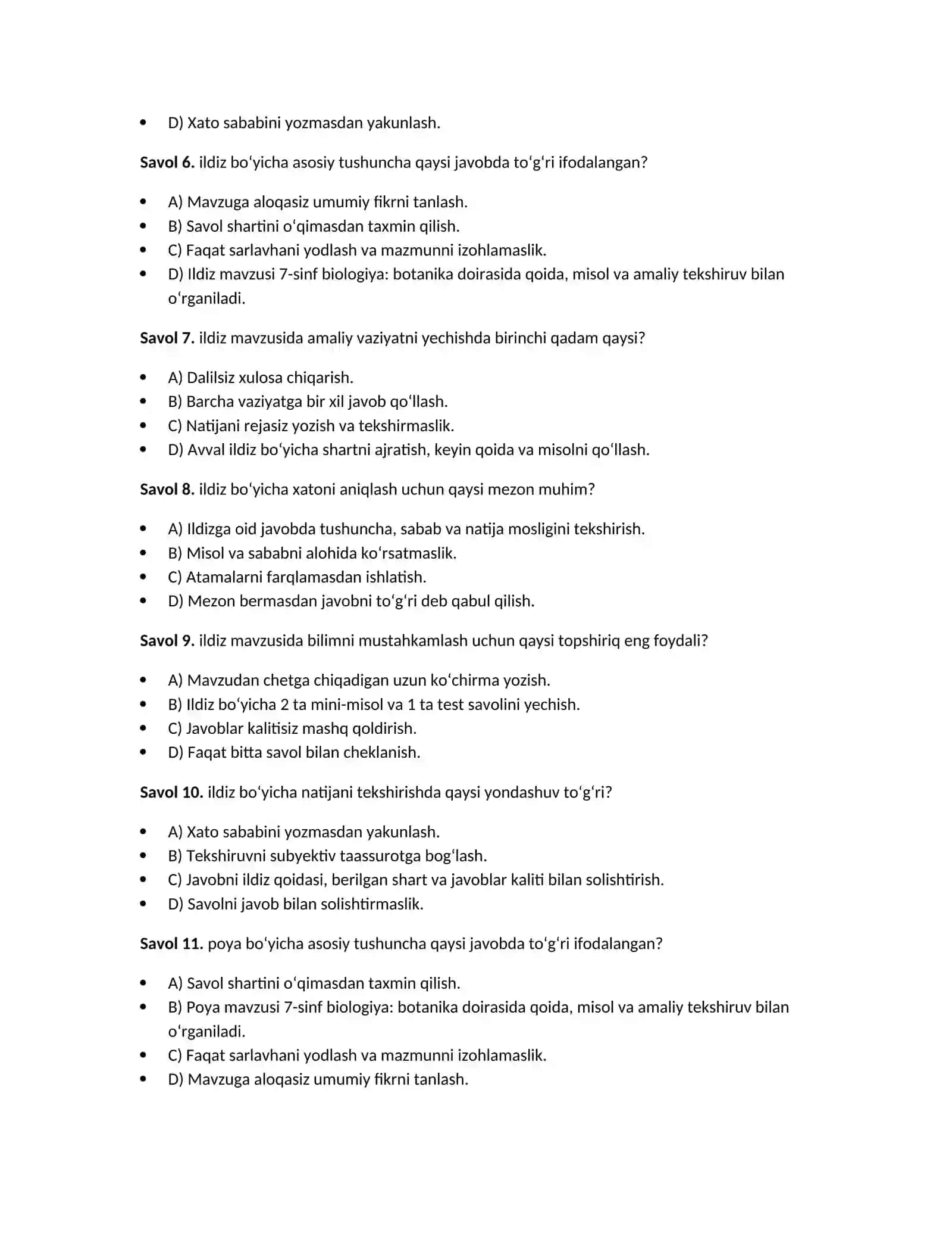 7-sinf biologiya: botanika — 100 test 3