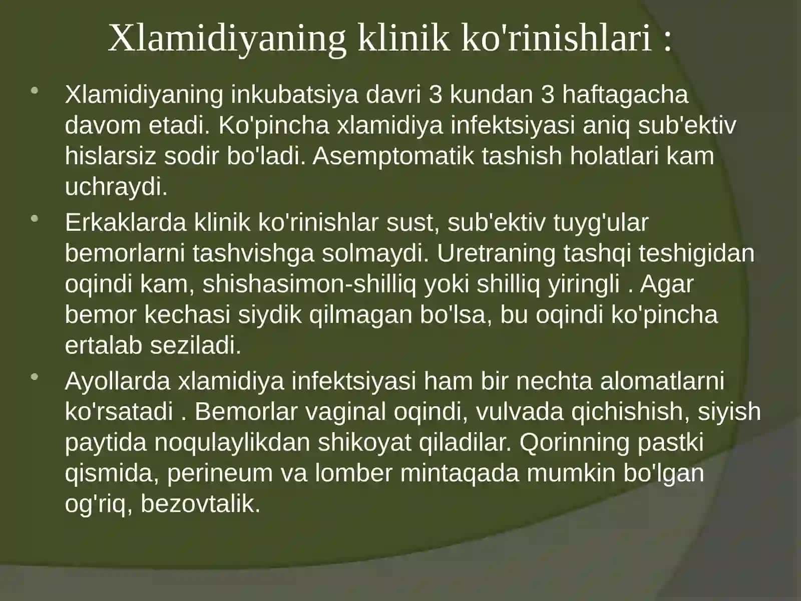 Jinsiy yo'l bilan yuqadigan kasalliklar.Xlamidiya 3