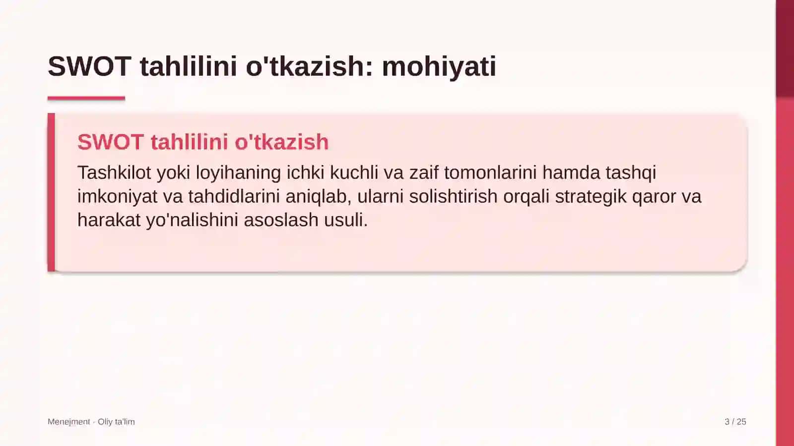 Buyurtmaxonalarda SWOT tahlilini o'tkazish 3