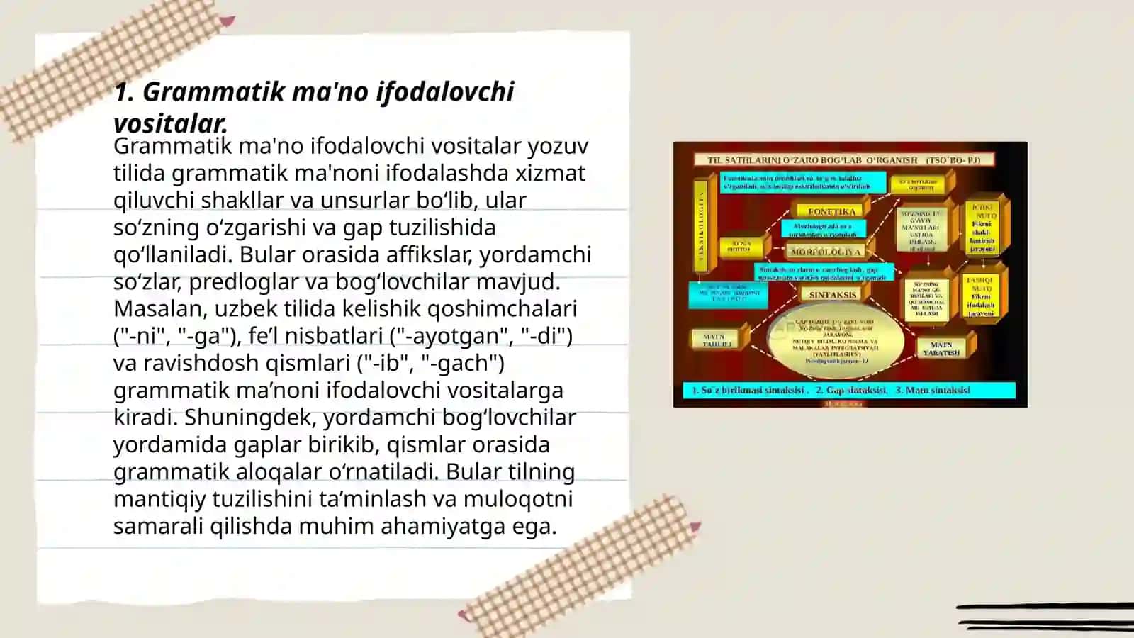 Grammatika. Grammatik ma'no ifodalovchi vositalarni matnda aniqlash. O'zbek va boshqa o'rganilayotgan tillarni grammatik ma'no ifodalashi nuqtai nazaridan taqqoslash. So'z tarkibini tekshirish va morfemalarini aniqlash 3