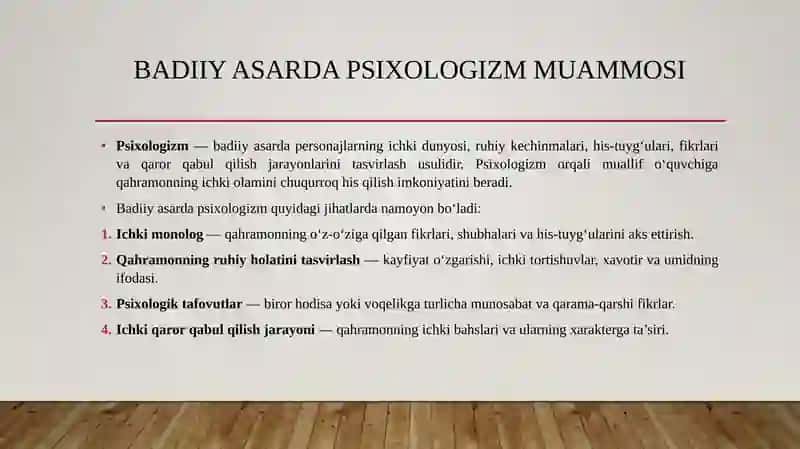Badiiy asarda psixologizm muammosi.Sarob romani misolida 3