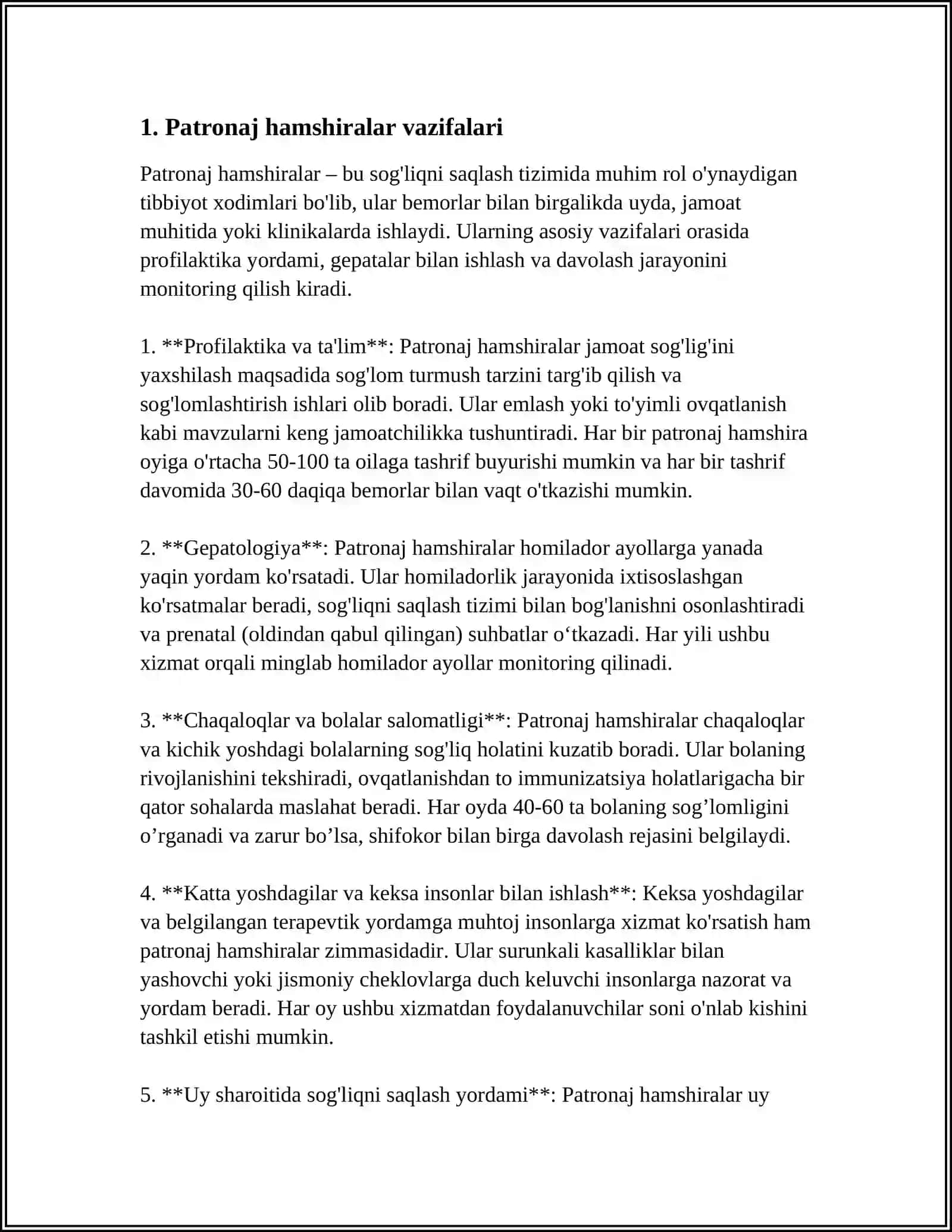 Patronaj hamshiralar vazifalari 3