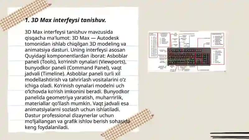 3D Max interfeysi ish muhiti qisqa tugmalar va ularning vazifalari 3