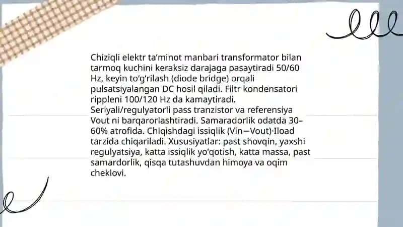 Elektron qurilmalarning elektr taminot manbalari ishlash prinsiplarini taxlil qilish 3
