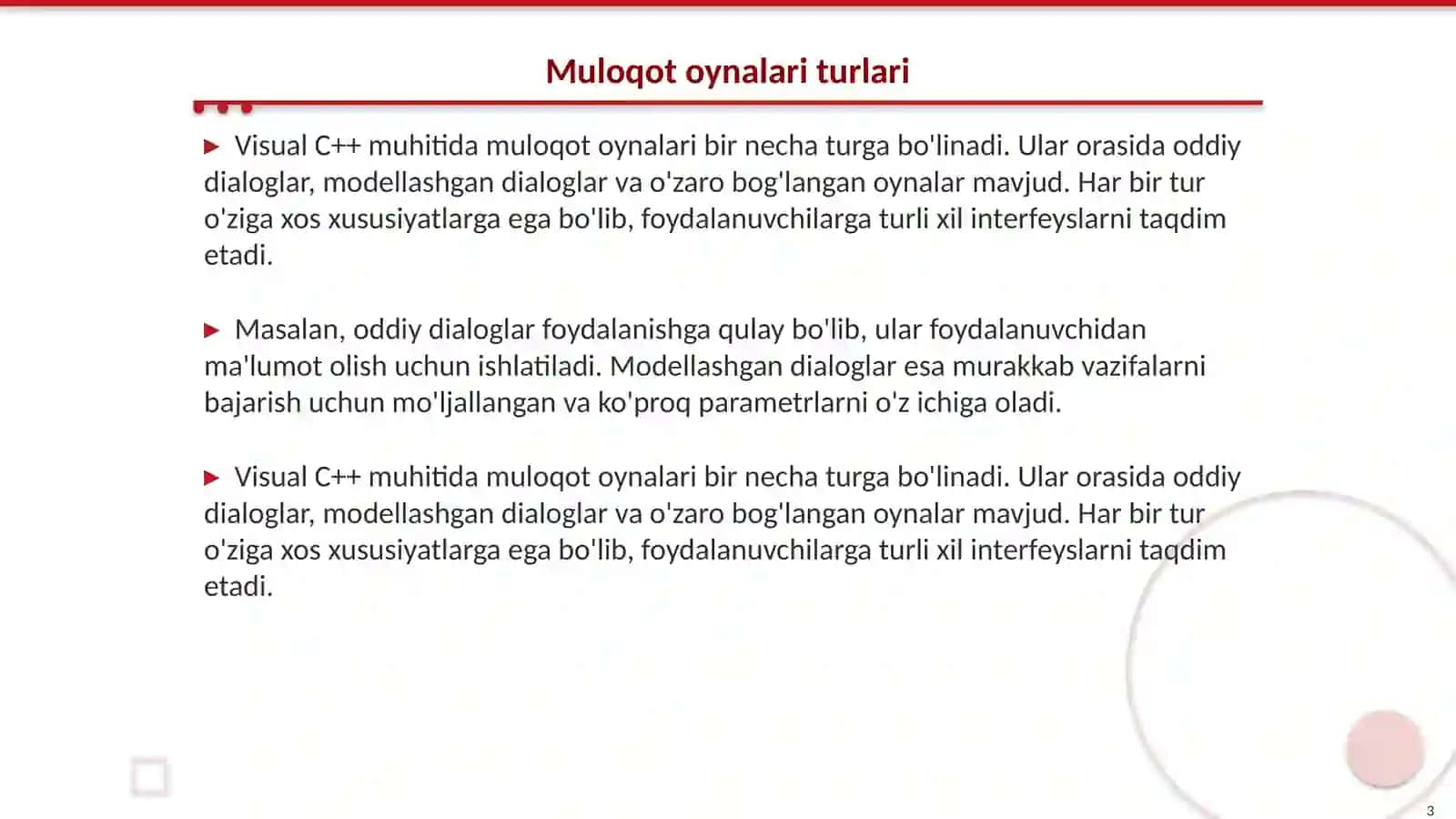 Visual C++ muhitida muloqot oynalari va ularni sozlash boshqarish elementlari 3