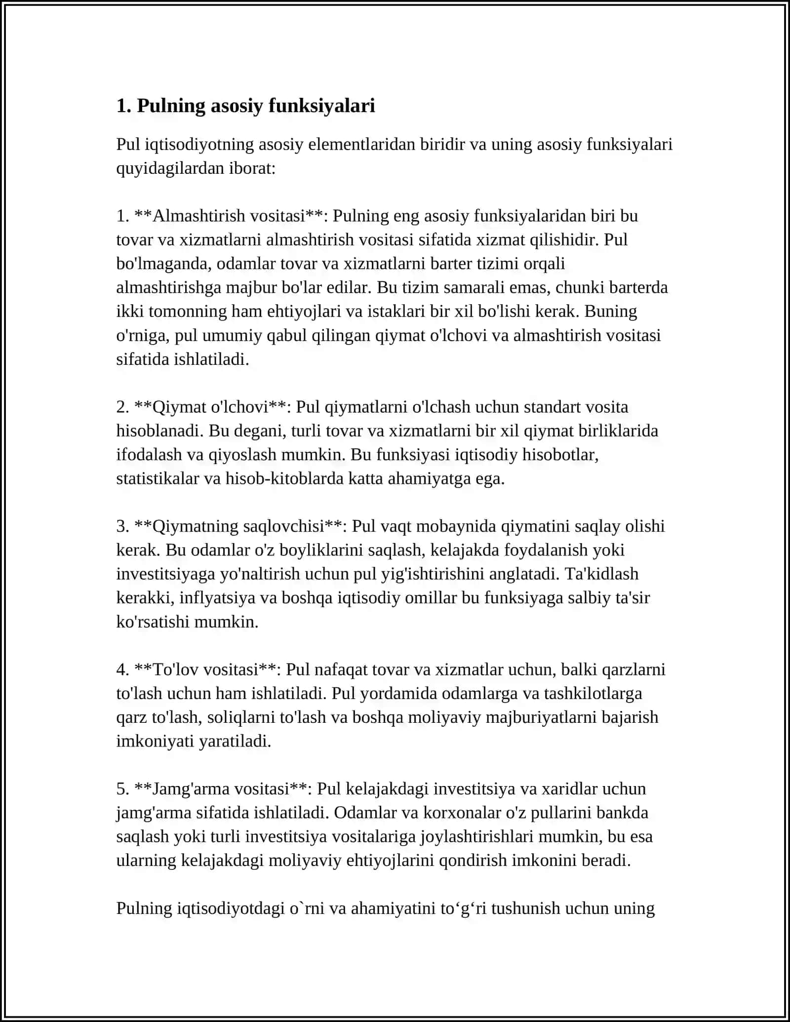 MUSTAQIL ISH Mavzu: PULNING FUNKSIYALARI 3