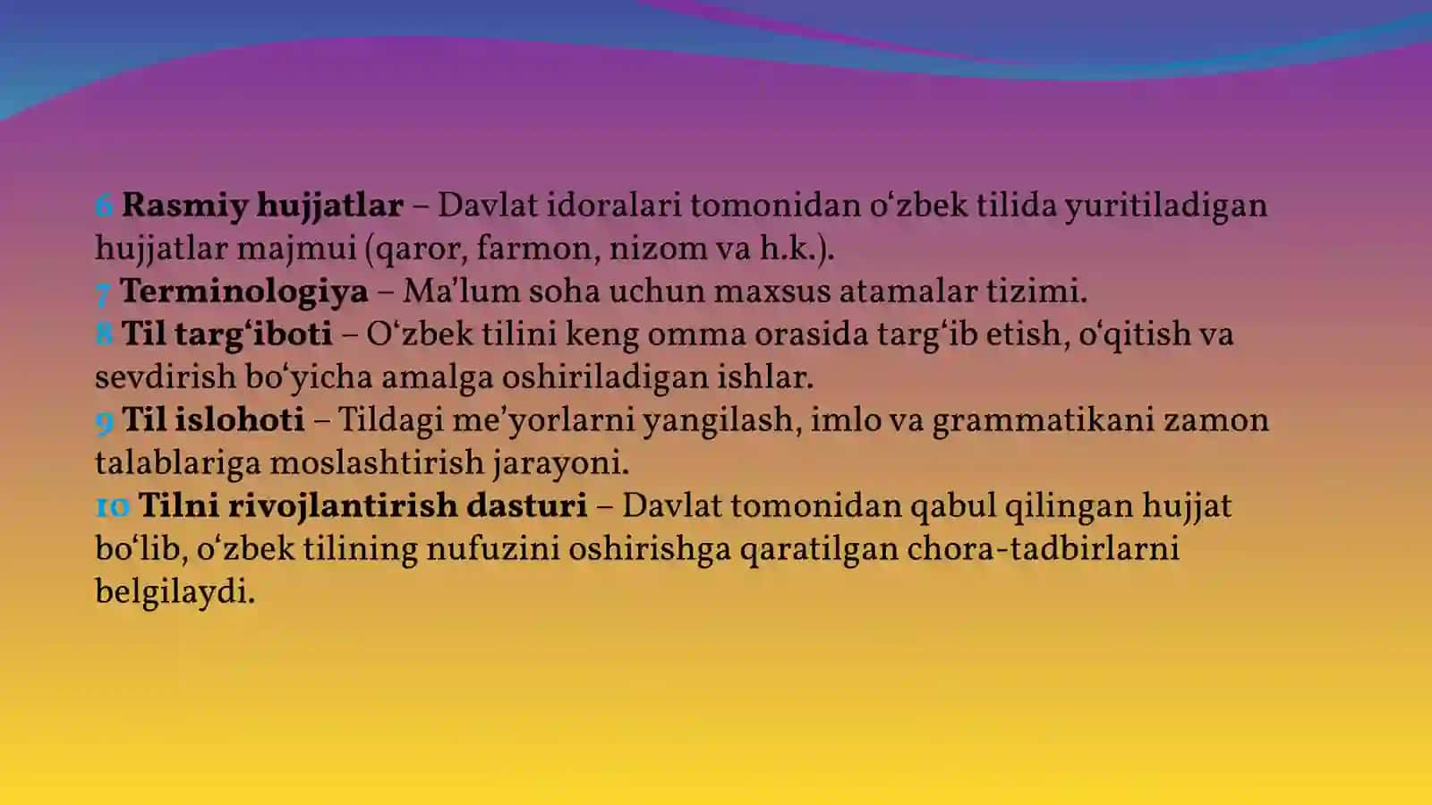 O`zbek tili fanidan tayyorlagan TAQDIMOTI 3