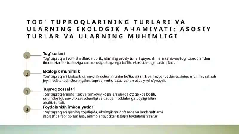 Tog' tuproqlari va ularning xossalari, ulardan foydalanish 3