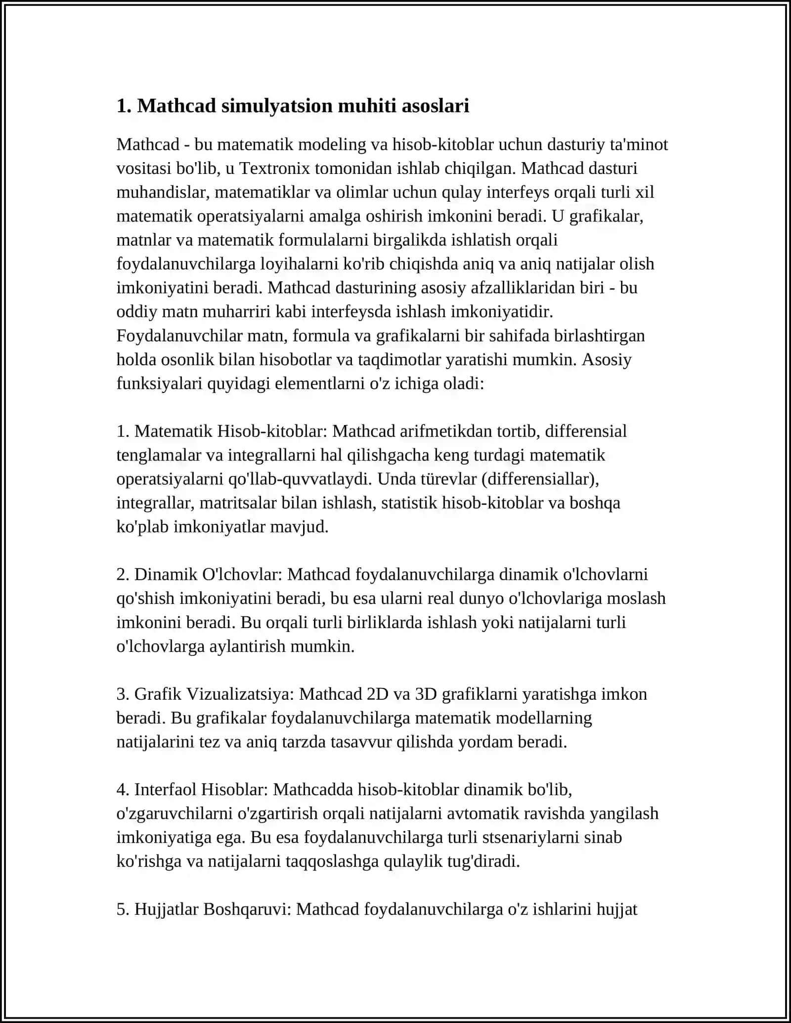 MUSTAQIL ISH Mavzu: MATHCAD SIMULIYATSI MUHITI HAQIDA TUSHUNCHA BERING 3