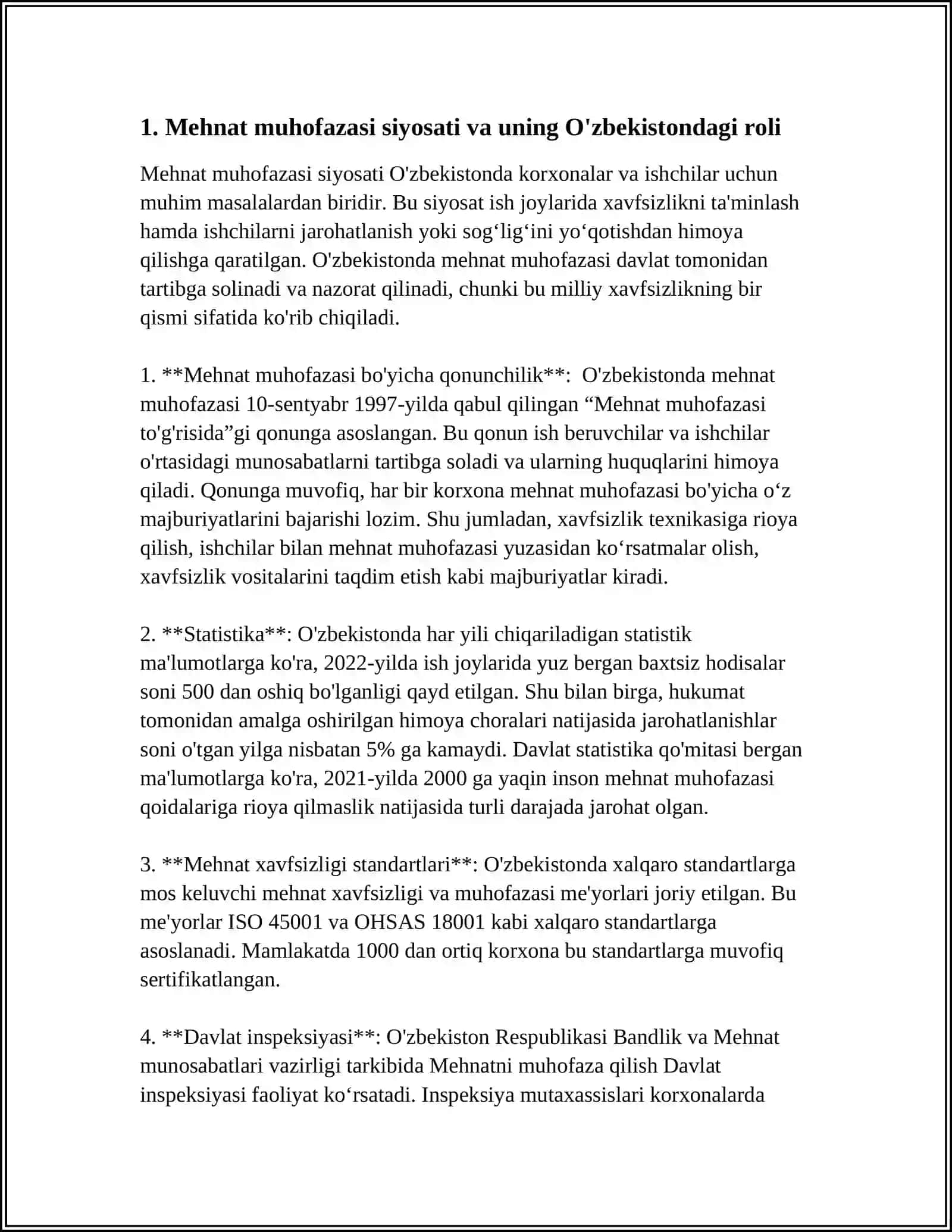 MUSTAQIL ISH Mavzu: OʻZBEKISTON RESPUBLIKASI MEHNAT MUHOFAZASI SOHASIDAGI DAVLAT SIYOSATI HAQIDA MINI KEYS 3