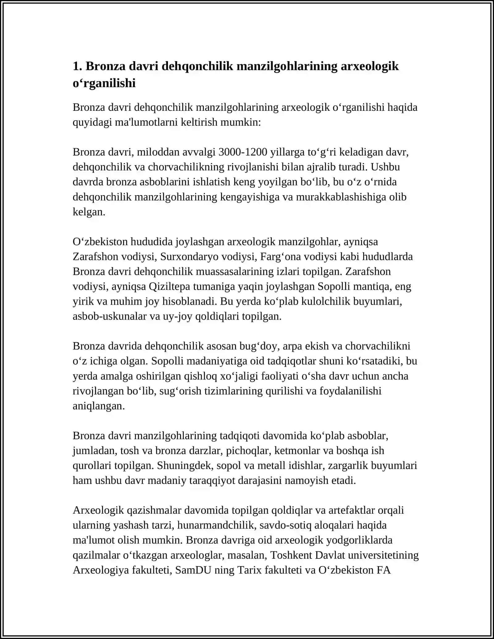 O'RTA OSIYONING BRONZA DAVRI DEHQONCHILIK MANZILGOHLARI 3