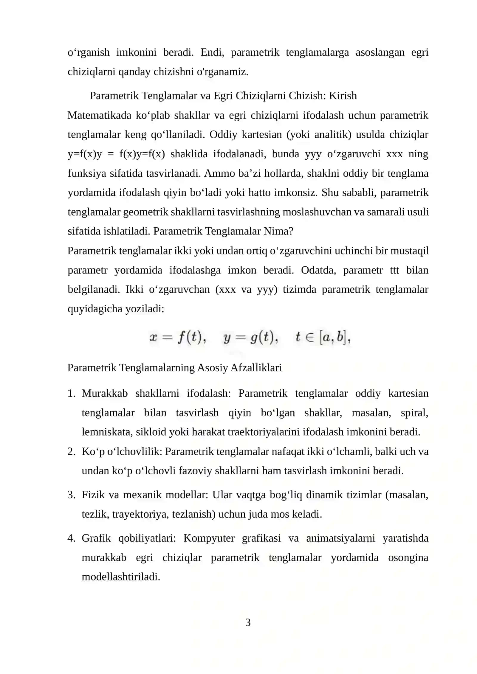 Parametrik Tenglamalar va Egri Chiziqlarni Chizish 3
