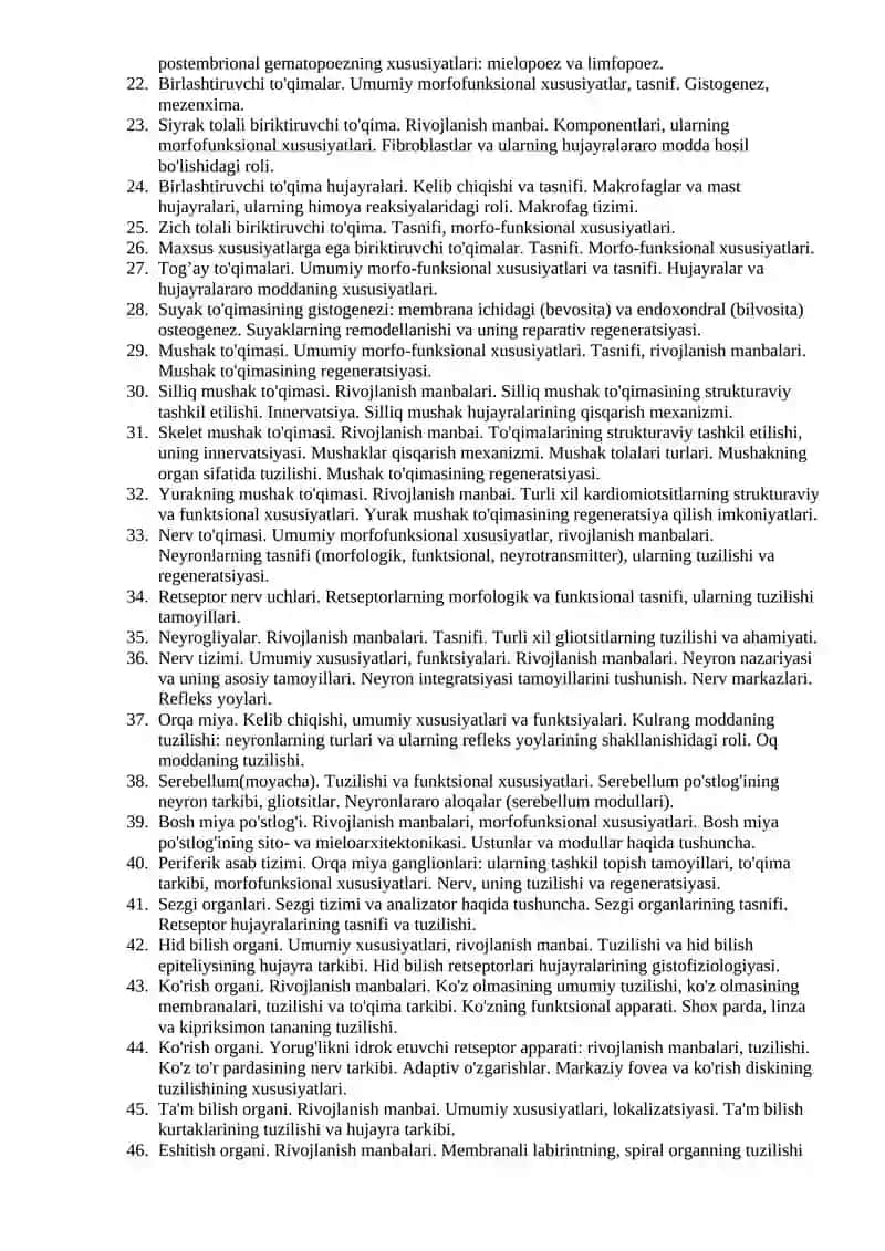 Gistologiya, sitologiya, embriologiya fanidan 2025-2026-o’quv yili kuzgi semestrida o’tkaziladigan yakuniy nazorat savollari banki 3