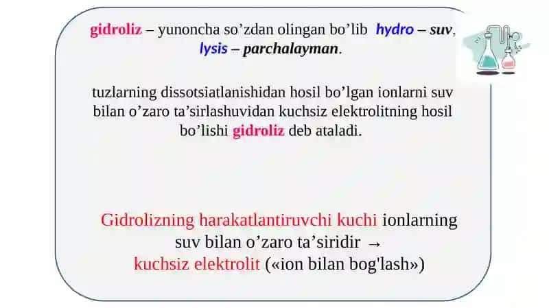 Suvning ion ko‘paytmasi. Tuzlarning gidrolizi. pH. 3