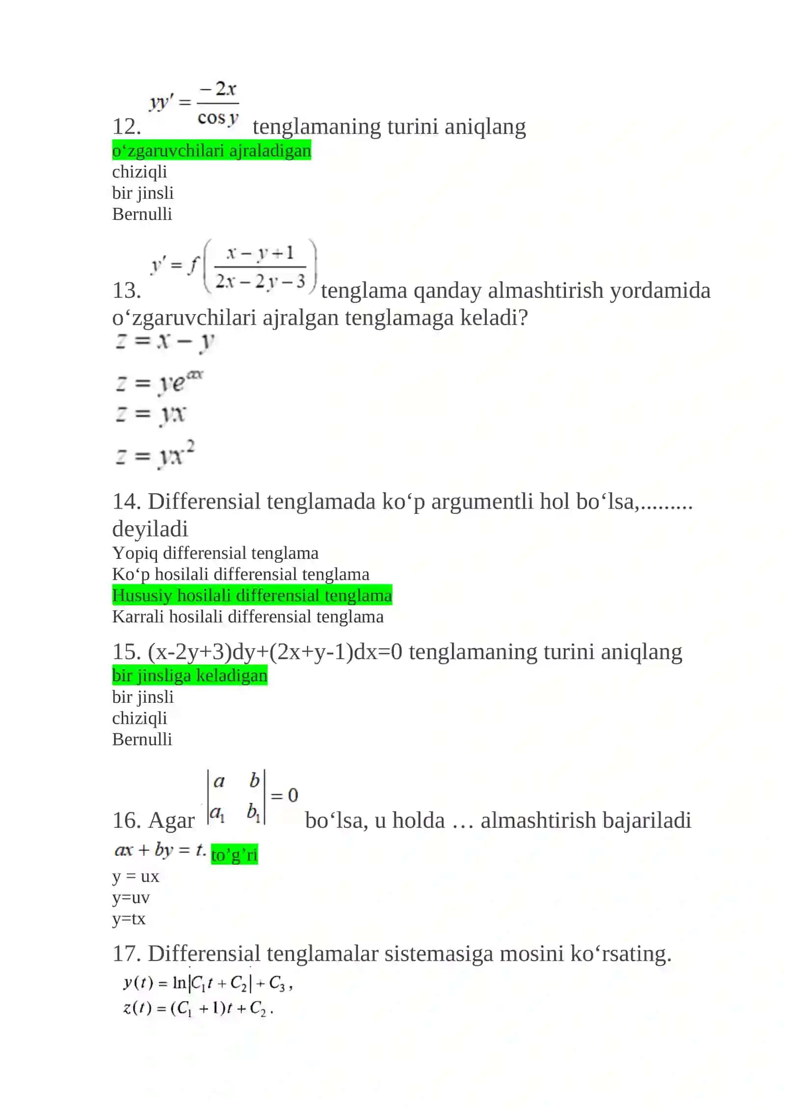 y'+y=0 tenglamaning turini aniqlang 3