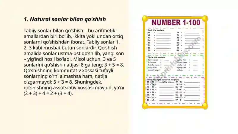 Natural sonlar bilan qo'shish 3
