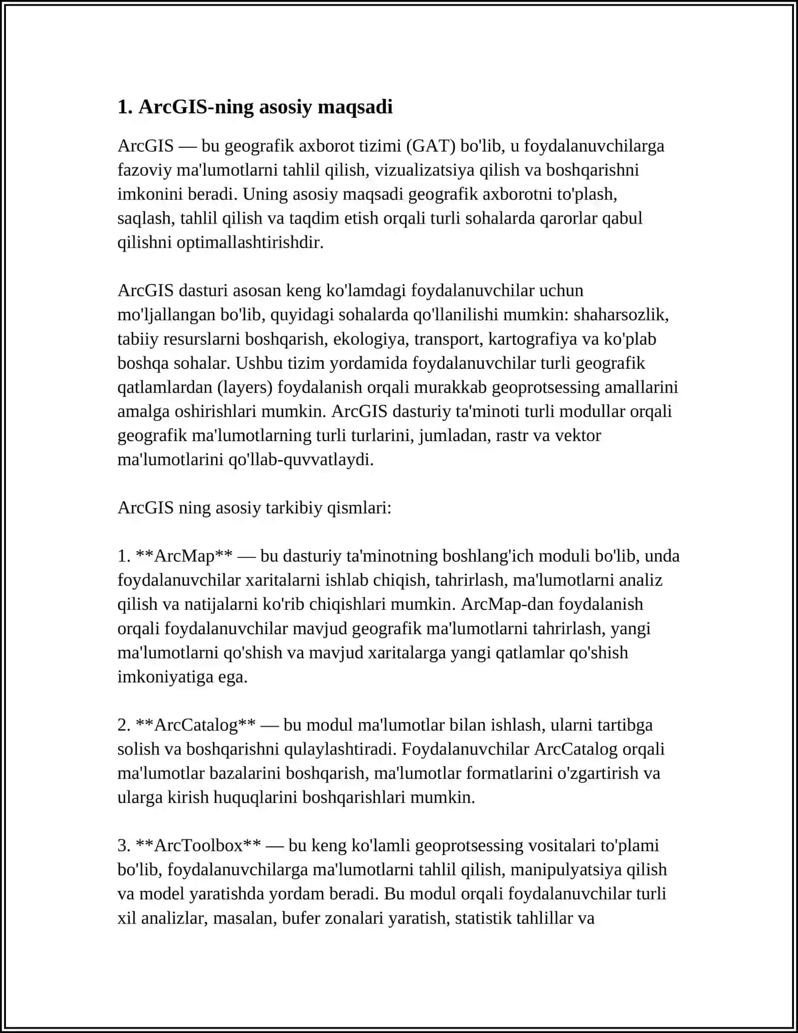 ARCGIS GEOGRAFIK AXBOROT TIZIMI HAQIDA TUSHUNCHA BERING 3
