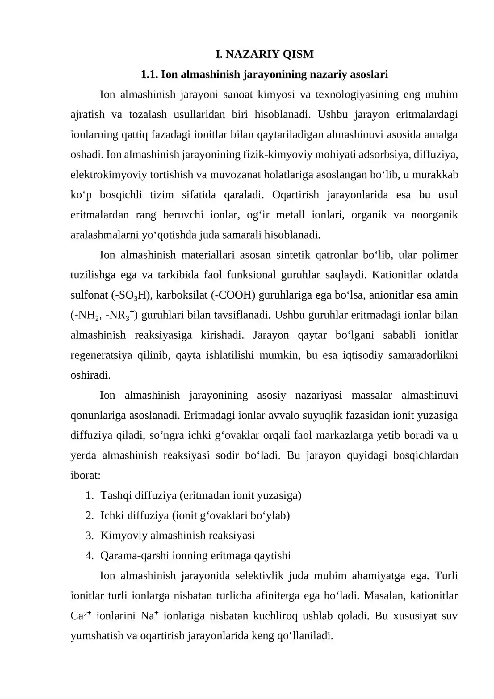 Oqartirish jarayonida ion almashinish kolonnasi. H = 5 m 3