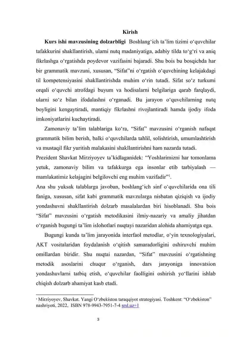 “Sifat” mavzusini o'rgatish metodikasi kurs ishi | BOSHLANG'ICH SINFLARDA “SIFAT” MAVZUSINI O'RGATISH METODIKASI  “Sifat” mavzusini o‘rgatish metodikasi 3