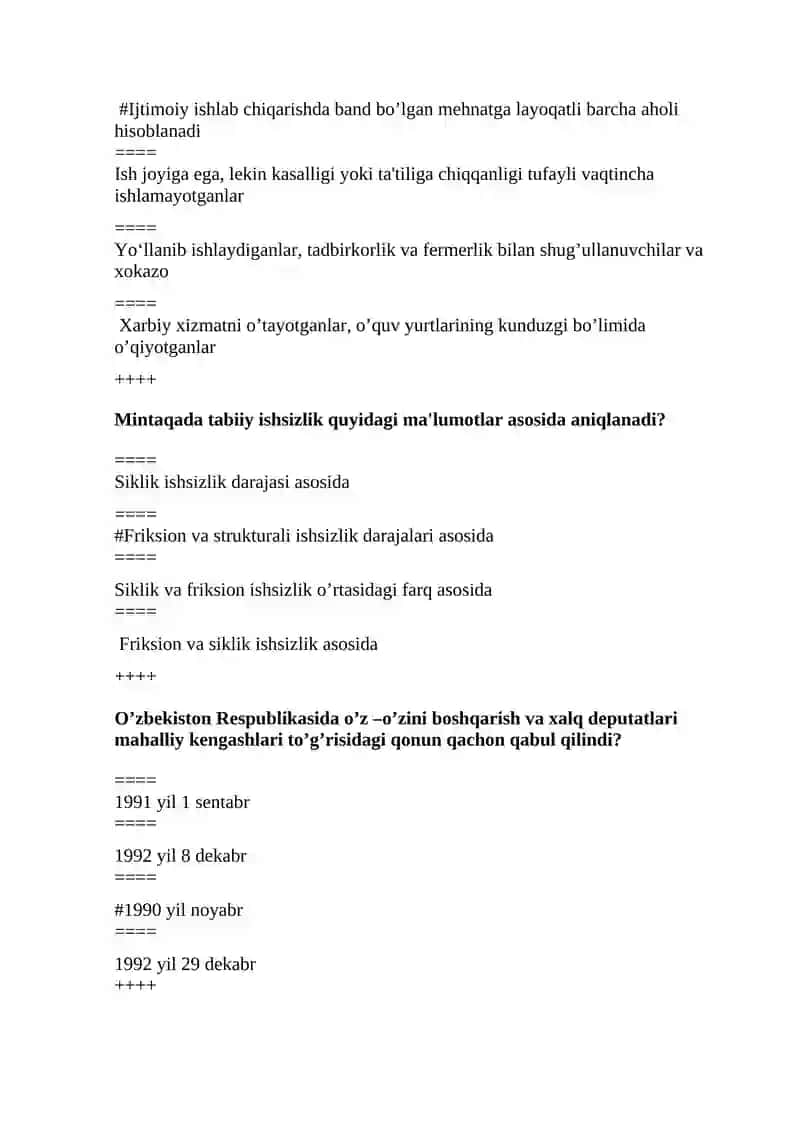 MINTAQAVIY  IQTISODIYOTI YAKUNIY TESTLAR JAVOBLARI BILAN 3