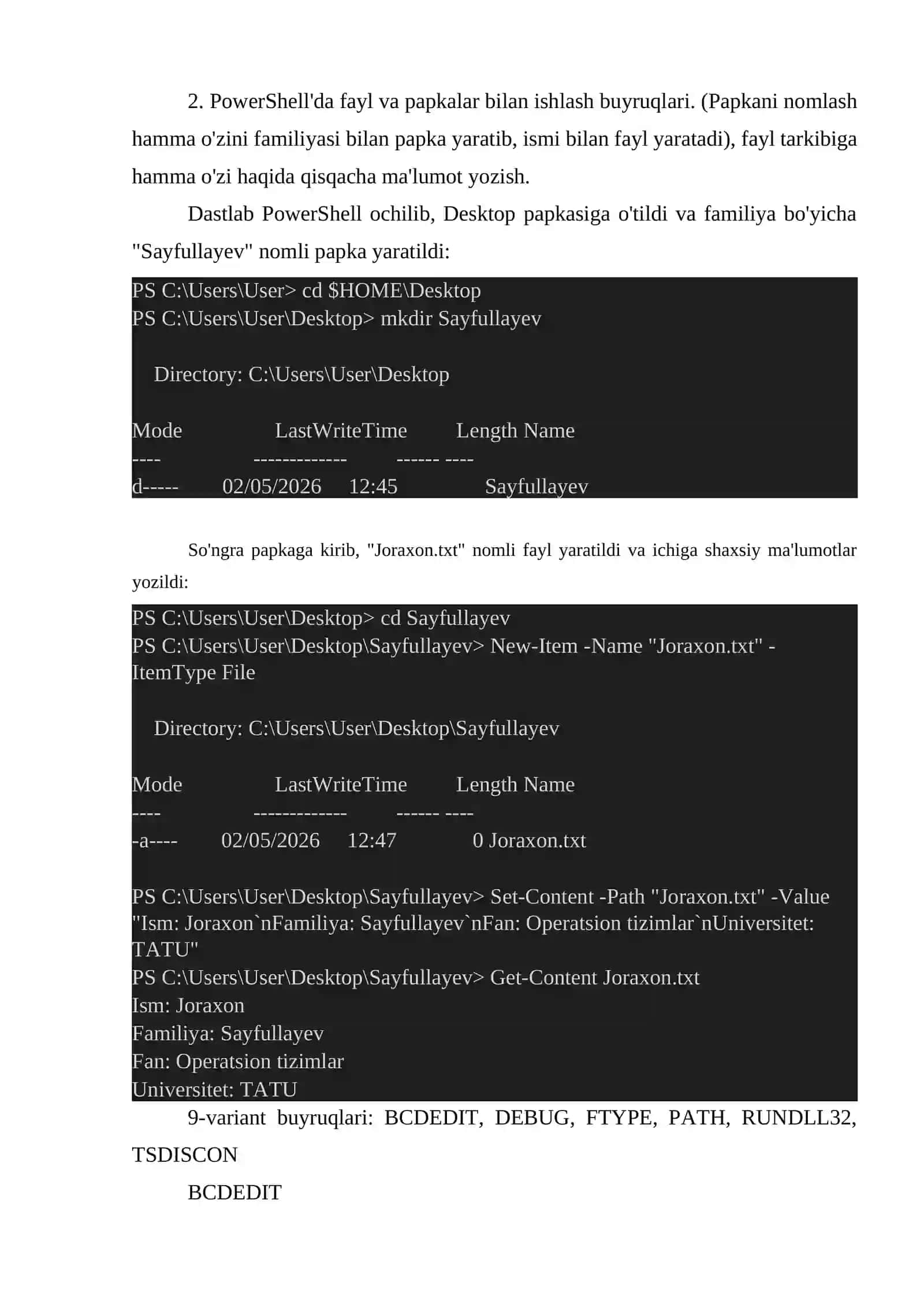 Operatsion tizimlar fanidan AMALIY ISH – 1 3