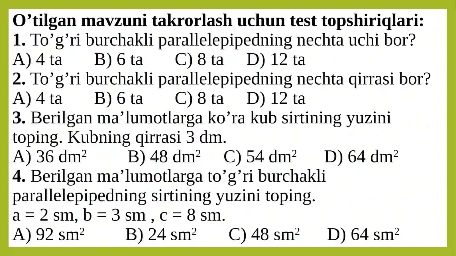 To’g’ri burchakli parallelepiped va kub hajmi 3
