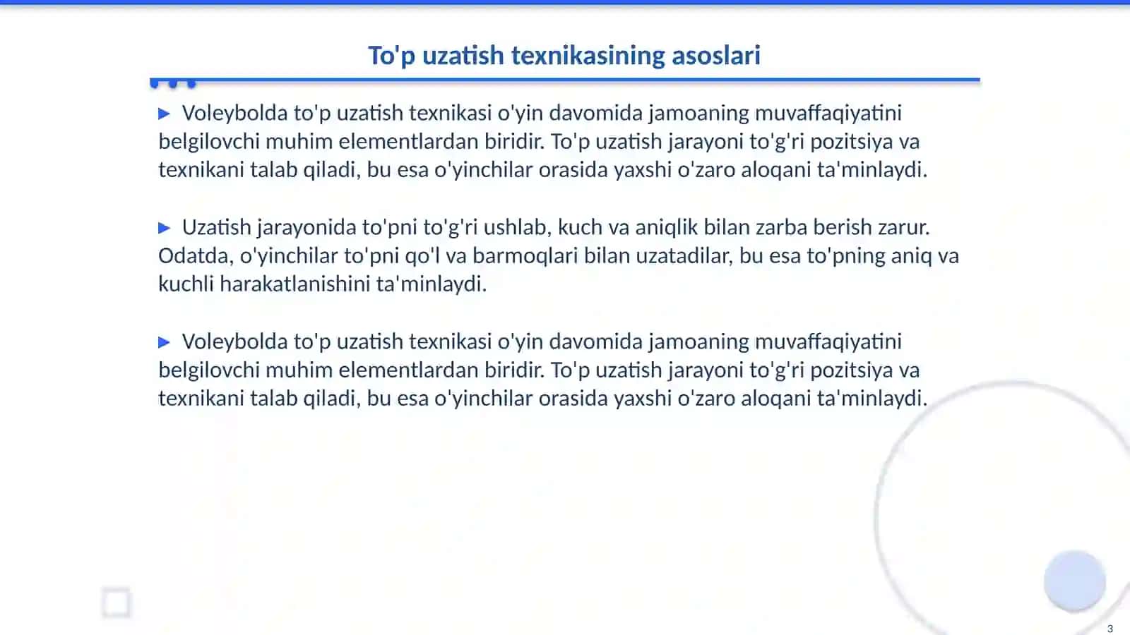 Voleybol o'yinida to'pni uzatish va qabul qilish texnikasini o'rganish 3