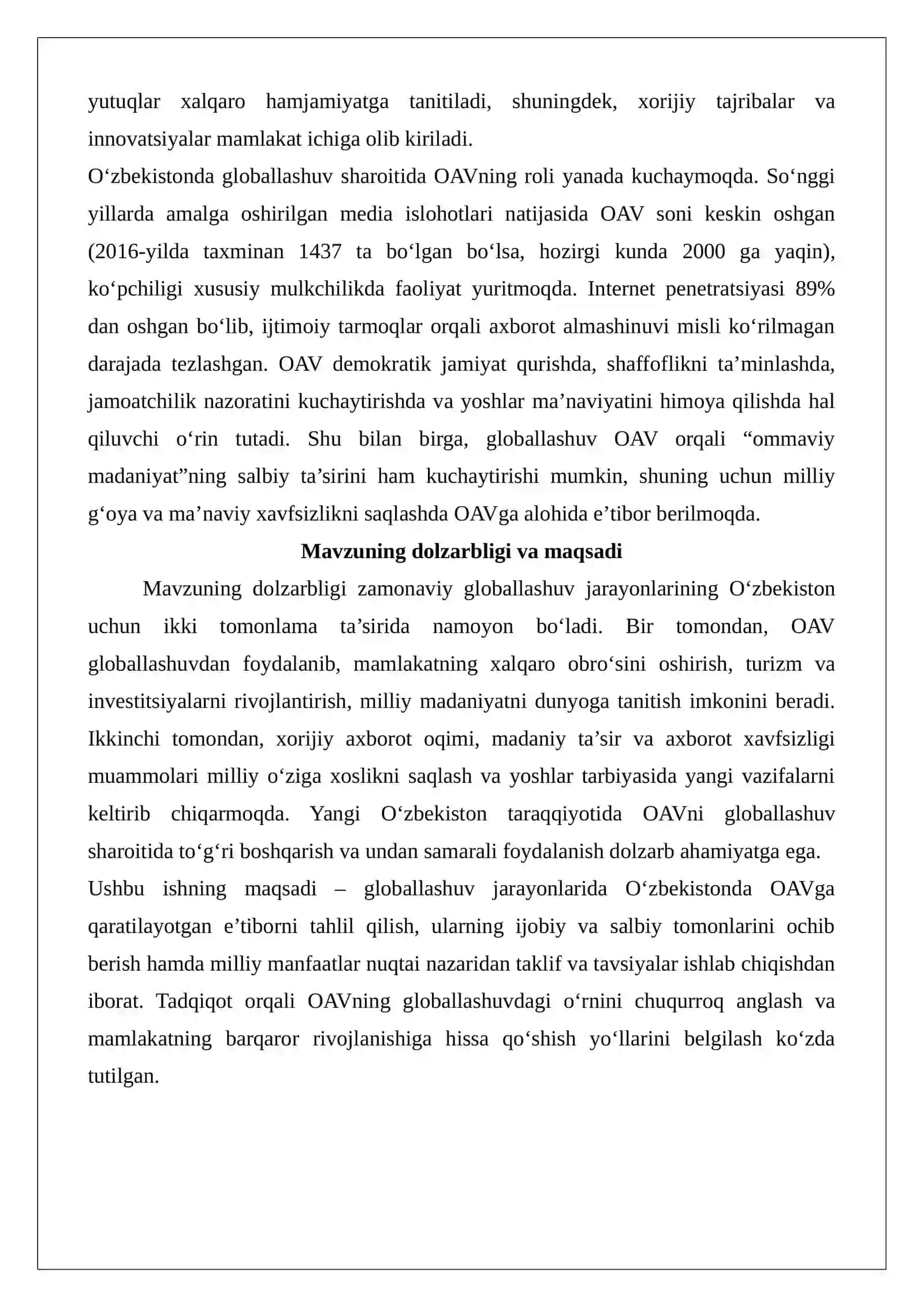 Globallashuv jarayonlardida OAV ga e’tibor (O’zbekiston) 3