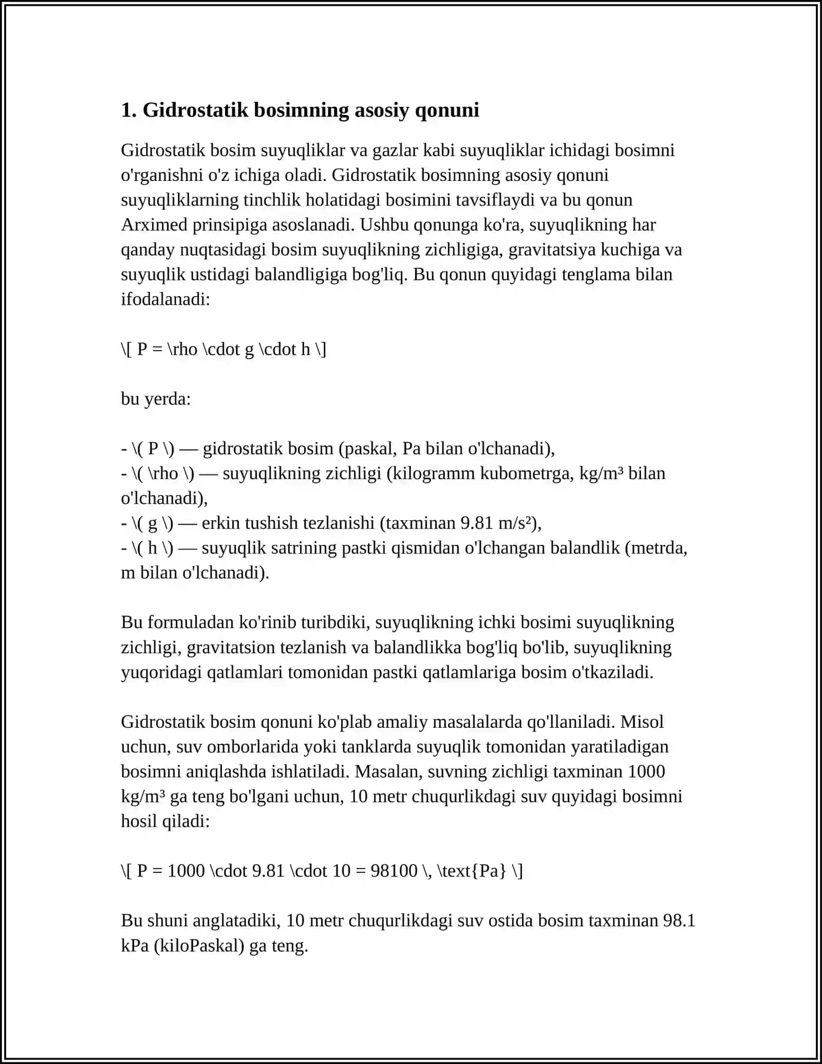 GIDROSTATIK BOSIM VA SUYUQLIK QONUNLARI 3