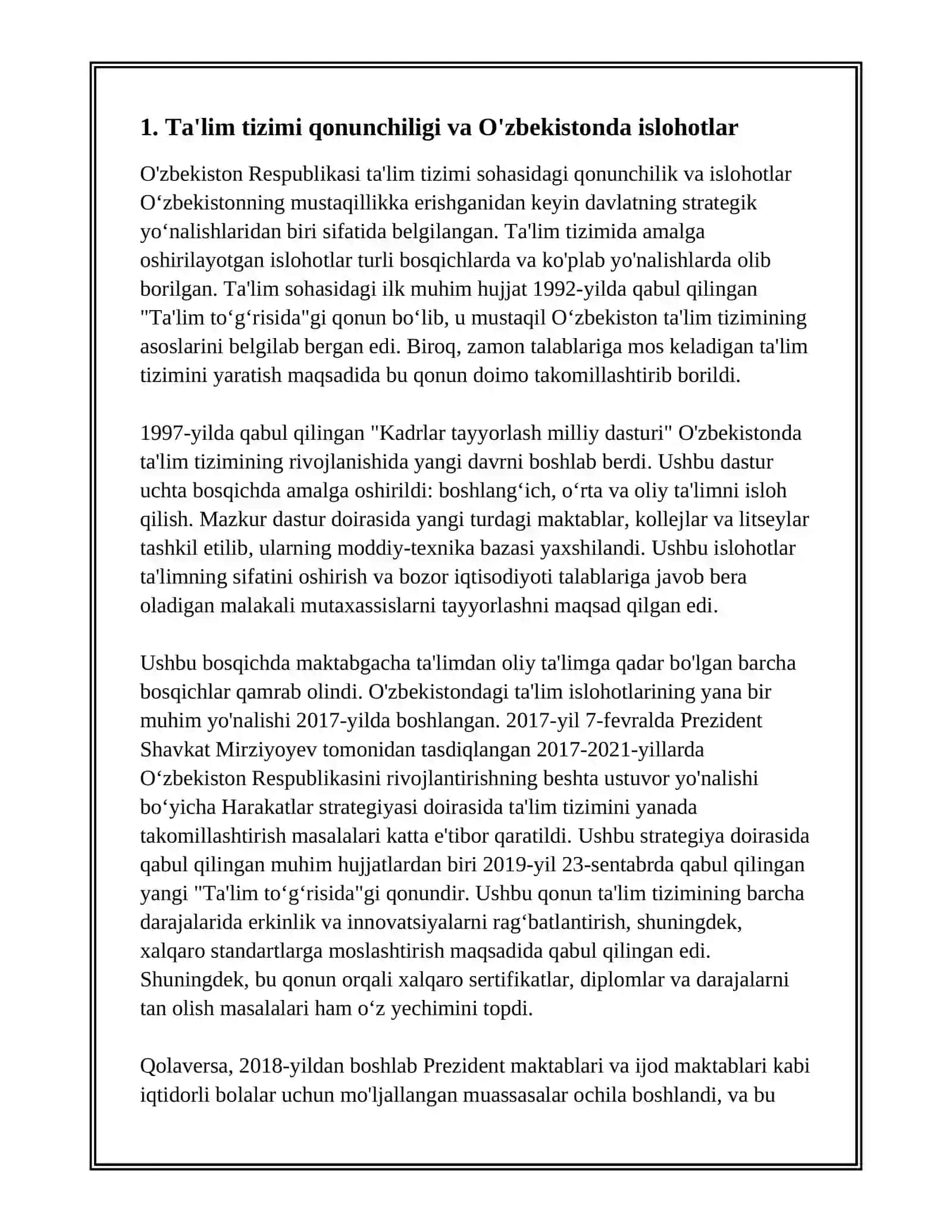 O'ZBEKISTON TA'LIM TIZIMIDA ISLOHOTLAR Refrat 3