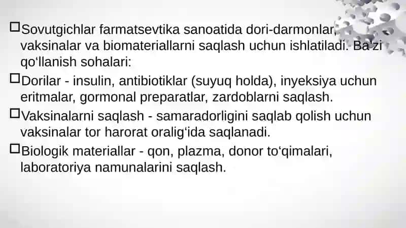 Sovitgichlarni farmatsevtika sanoatida qo‘llanilishi 3