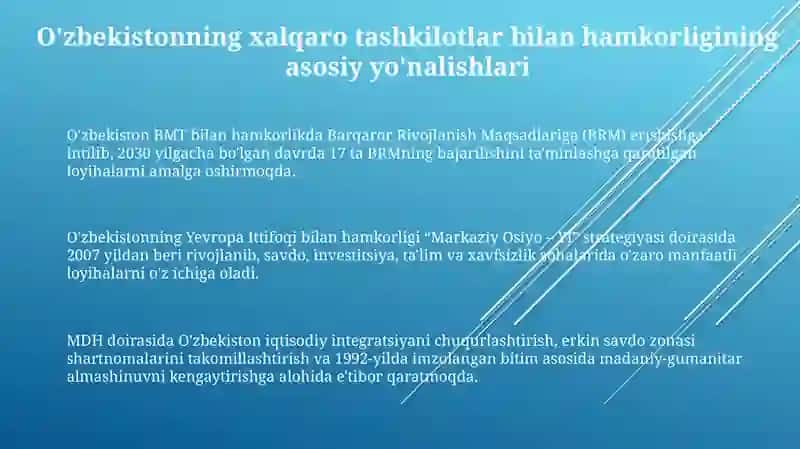 O‘zbekistonning xalqaro tashkilotlar bilan hamkorlik aloqalari 3