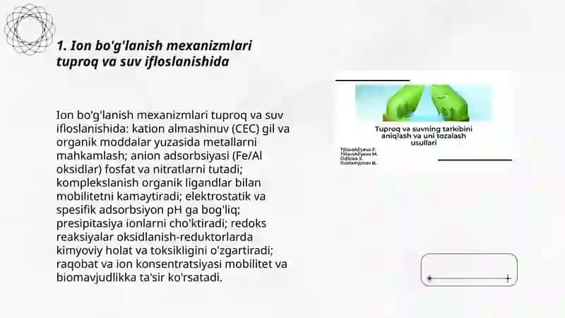 Tuproq va suvning ifloslanishida ion bo'g'lanish 3