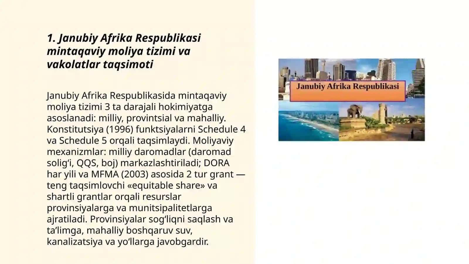 Janubiy Afrika Respublika mintaqalarning moliyalashtirish mexanizmlari 3