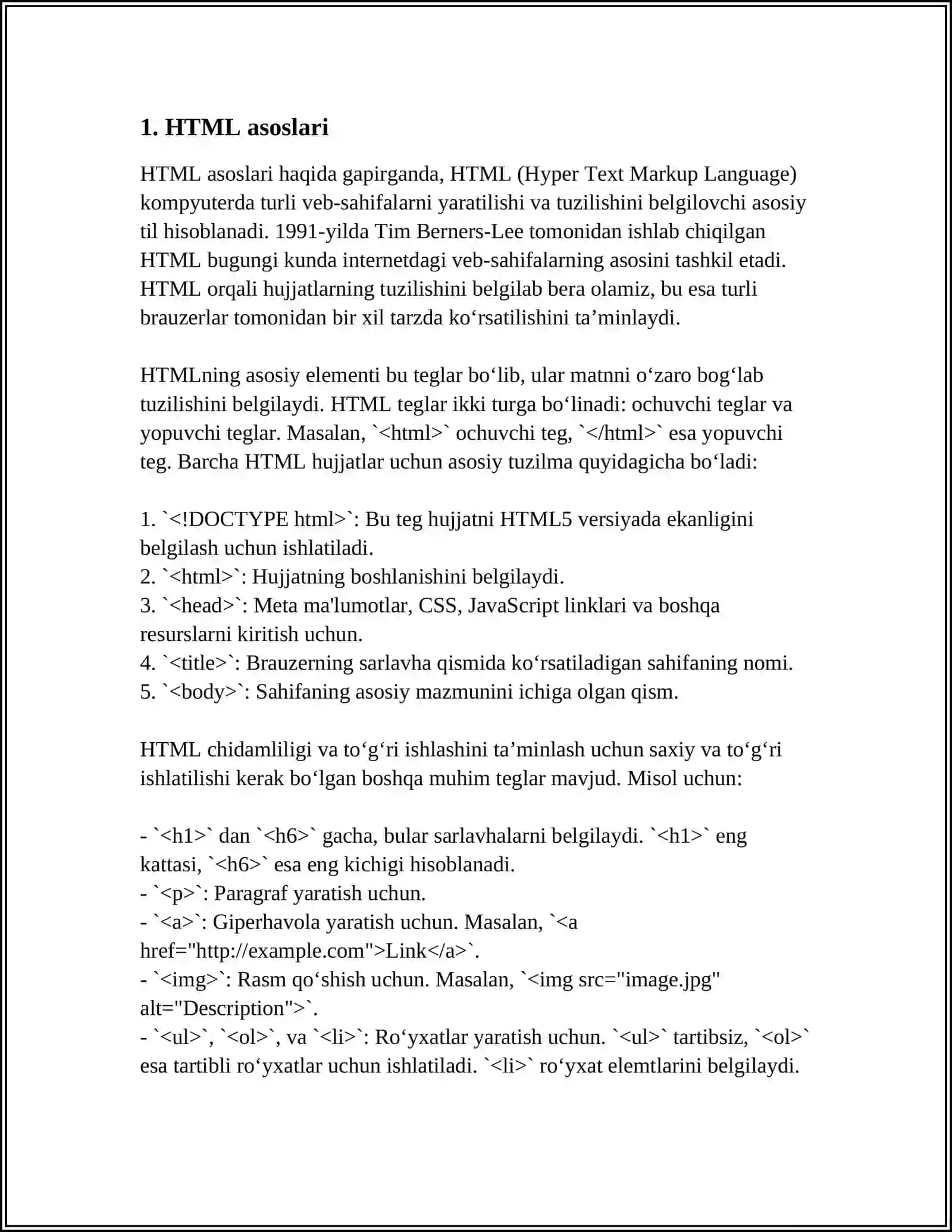 HTML TILIGA KIRISH UNING ASOSIY ELEMENTLARI.TEG TUSHUNCHASI 3