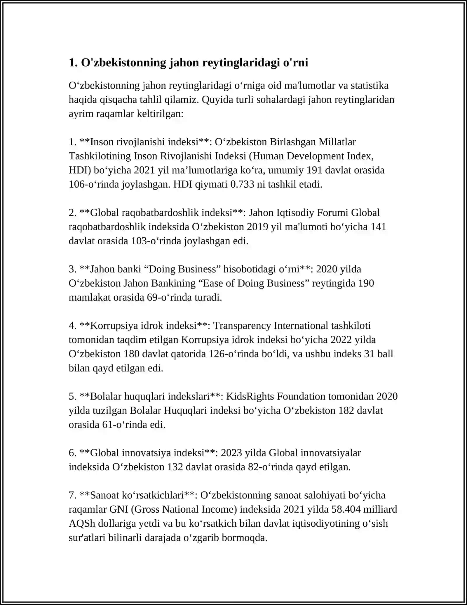 O'ZBEKISTON RESPUBLIKASI XALQARO INDEKSLARI 3