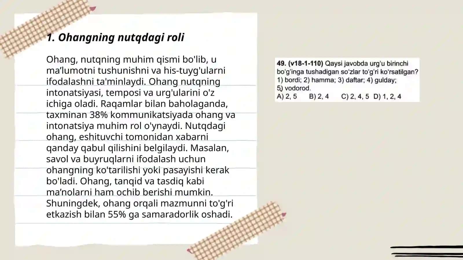 Ohang va uning nutqdagi ahamiyati.Urg‘u va uning turlari 3