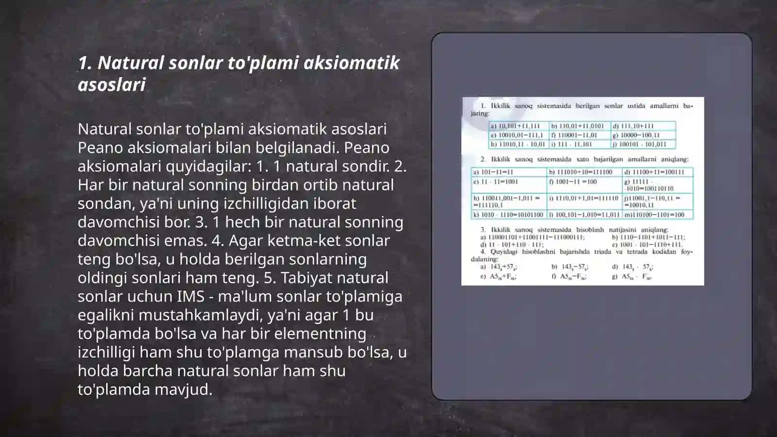 Natural sonlar to'plami aksiomatik asoslari 3