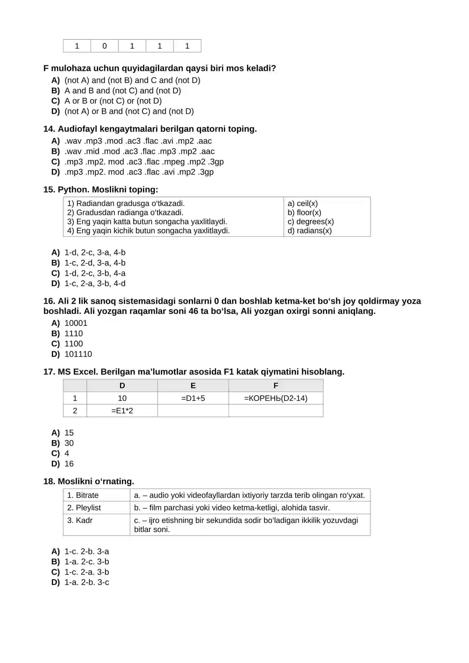 Informatika fanidan birinchi toifa attestatsiya test savollari 3