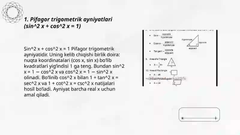 Trigometrik asosiy ayniyatlar.trigometrik formulalar 3