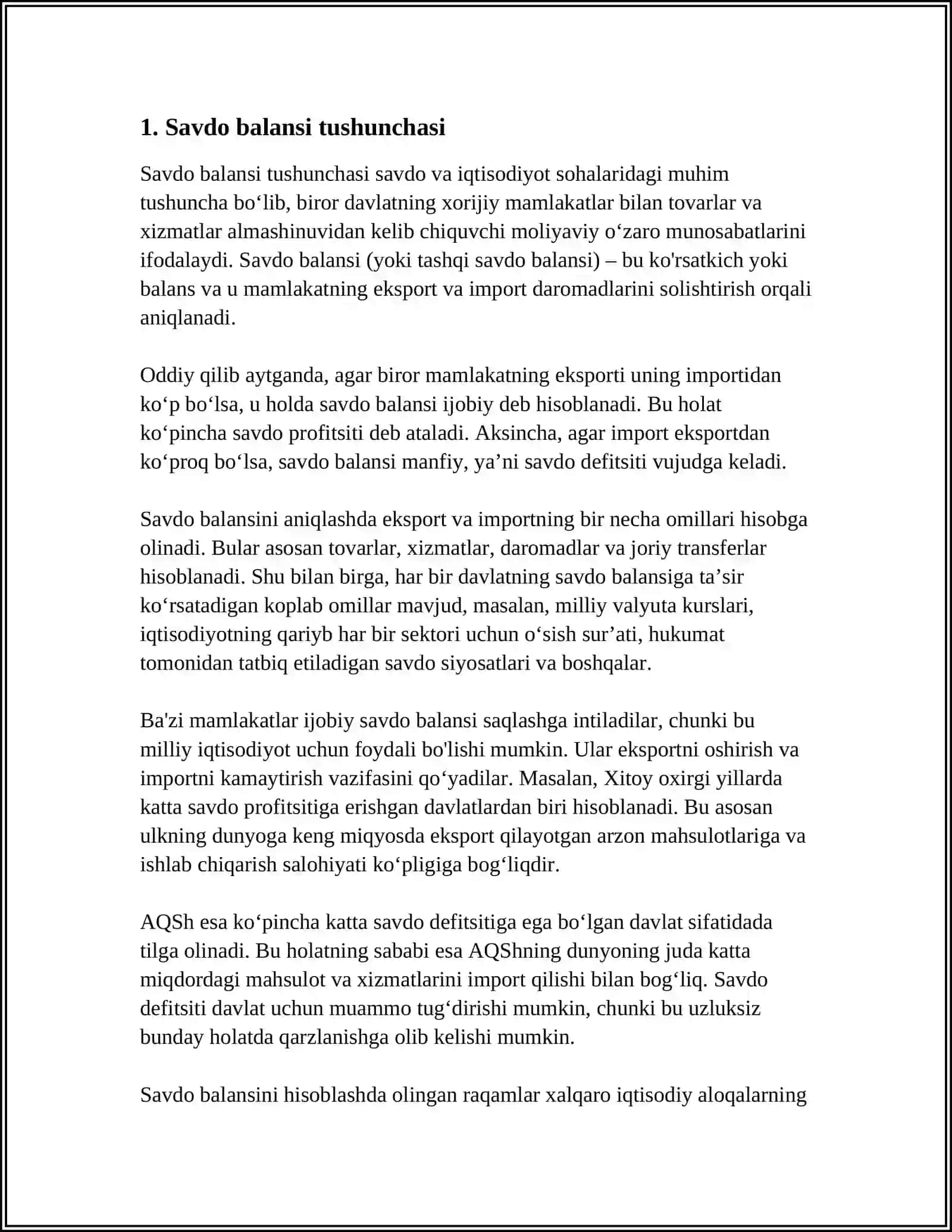 XALQARO TOVAR AYLANISHI VA SAVDO BALANSI REFERAT 3