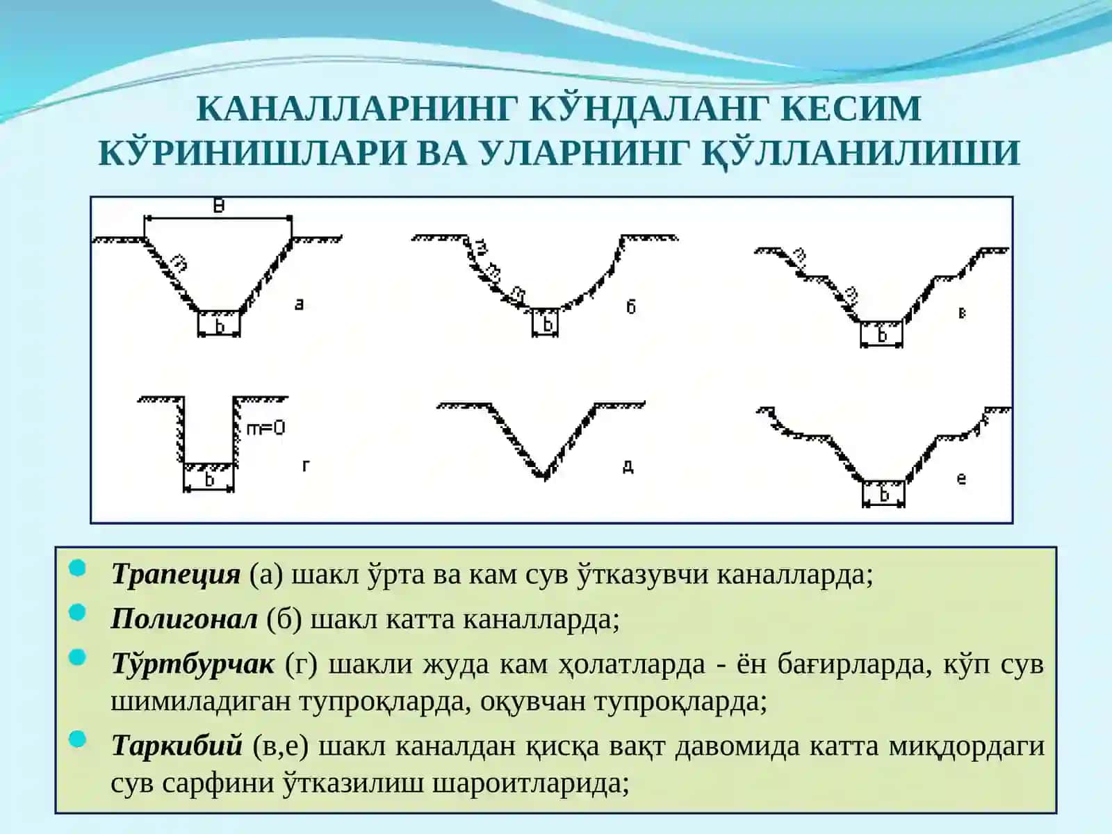 Каналларнинг кўндаланг кесими, уларгақўйиладиган талаблар 3