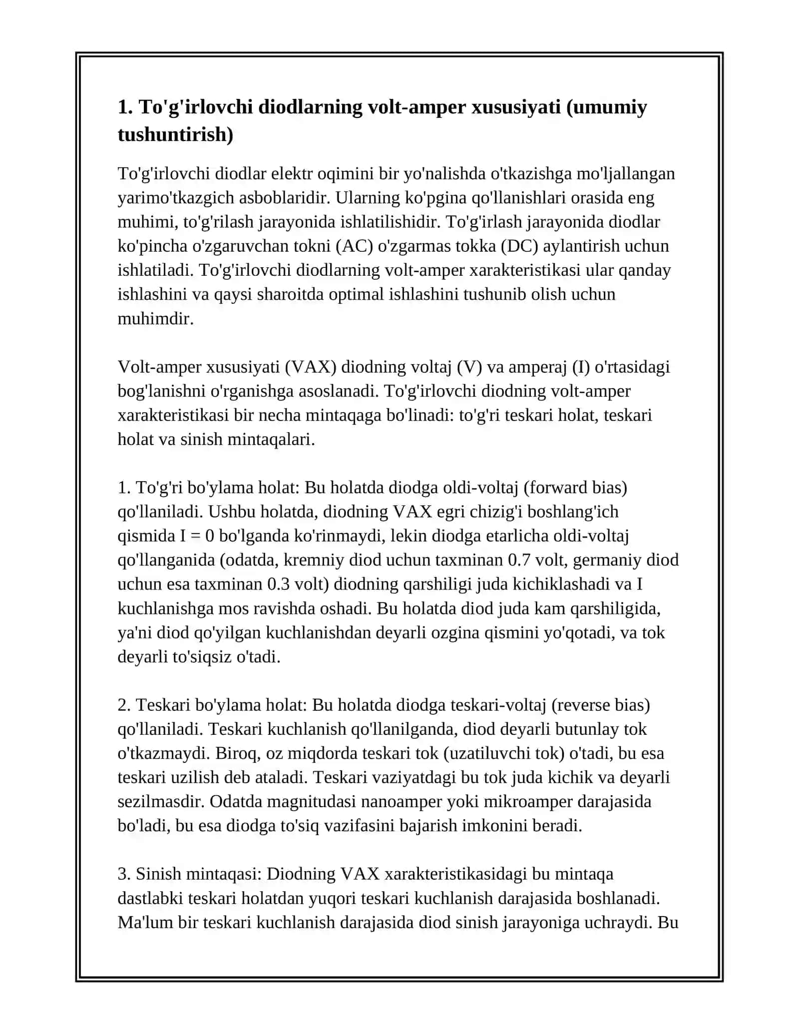 TO'G'IRLOVCHI DIODLAR VOLT-AMPER XARAKTERISTIKALARI 3