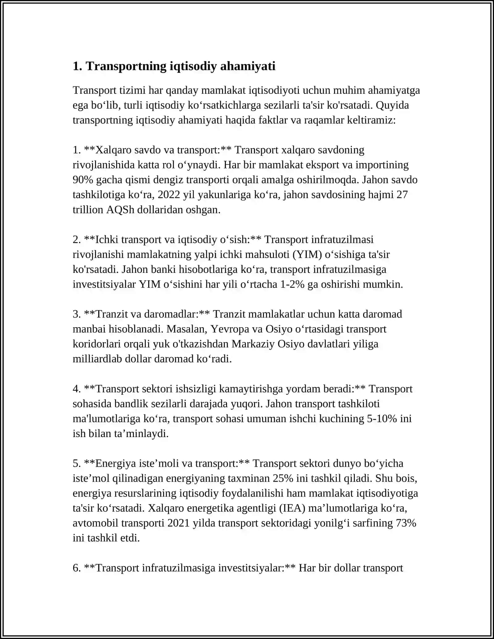 TRANSPORTNING AHAMIYATI, VAZIFALARI VA TURLARI 3
