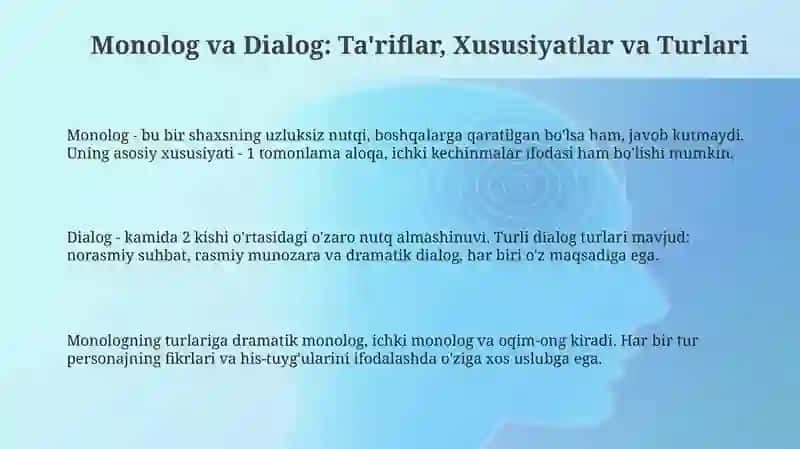 Monolog va Dialog: Ta'riflar, Xususiyatlar va Turlari 3