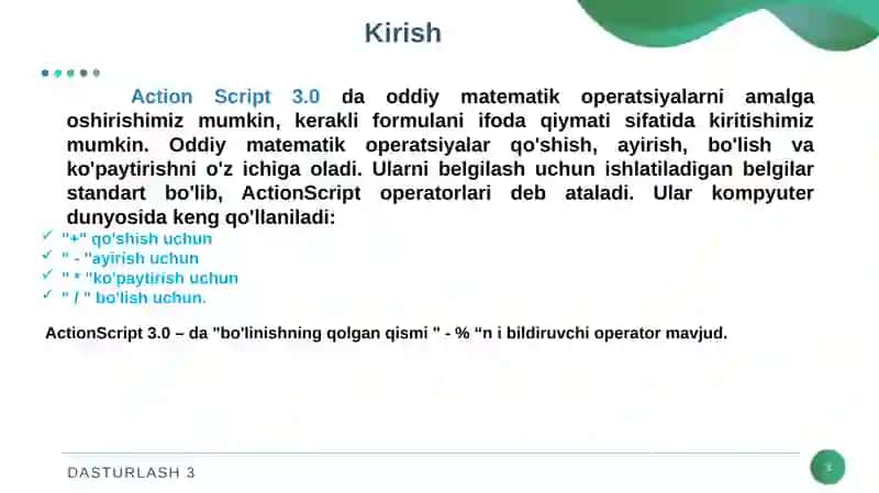 Flashda matematik hisoblashlarni olib borish. Math obyektining metodlari va xususiyatlari. parseFloat funksiyasi 3