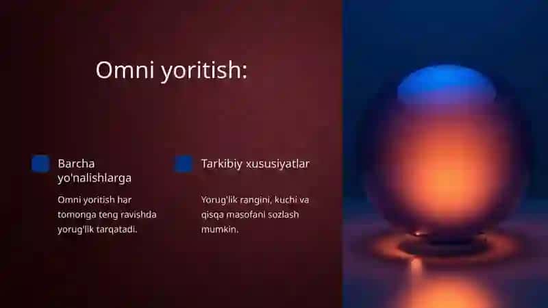 Yoritish texnikalari. Standart yoritish (Omni, Spot, Directional) va uning xususiyatlari. 3