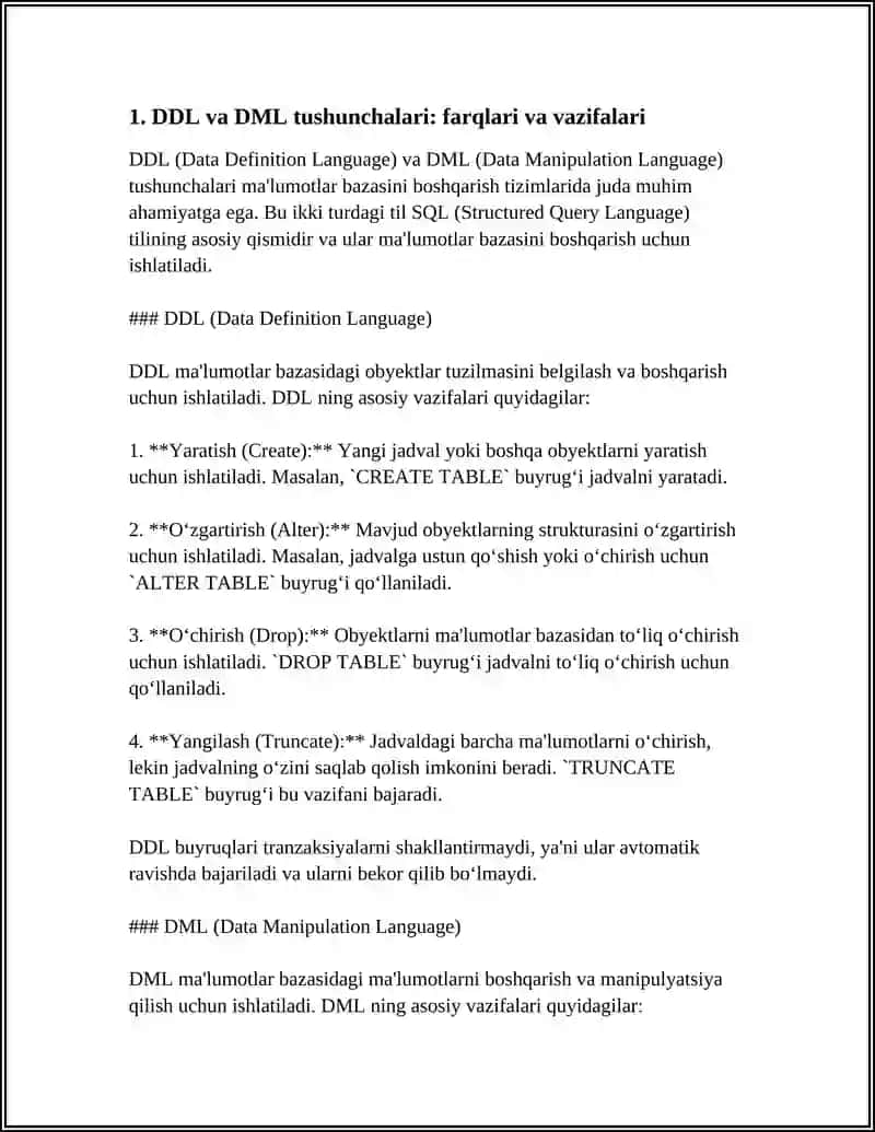 SQL DA DML VA DDL BUYRUQLARI GURUHI BILAN TANISHISH VAFOYDALANISH 3