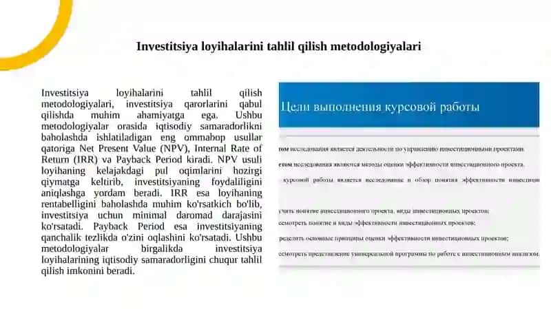 Investitsiya loyixalari samadorligini baxolashning usullari 3